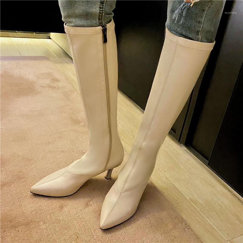 

Pointed Toe Stiletto High Heel Knee-length Boots Women's New Fashion and Thin High Boots Handmade Leather Women's Shoes Winter1, White