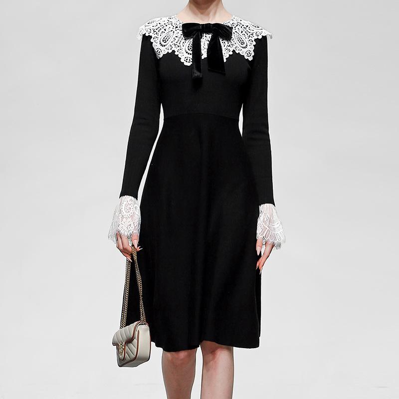 

Women Vintage Patchwork Dress Flare Sleeve Lace Knitting Sweater Dresses Women Color Matching Dresses Autumn Winter 2020 Clothes, Black