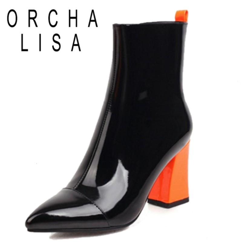 

ORCHA LISA Woman Autumn Ankle Boots Candy Pointed Toe 8cm Square High Heels ZIP Big Size 34-48 Rose Lemon Casual Party C1951