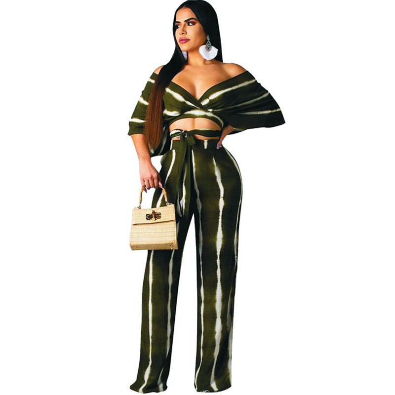 

Sexy Striped Two Piece Set Women Off Shoulder V-neck Batwing Sleeve Crop Top and Wide Leg Pants Elegant Clubwear 2 Piece Outfits, Brown