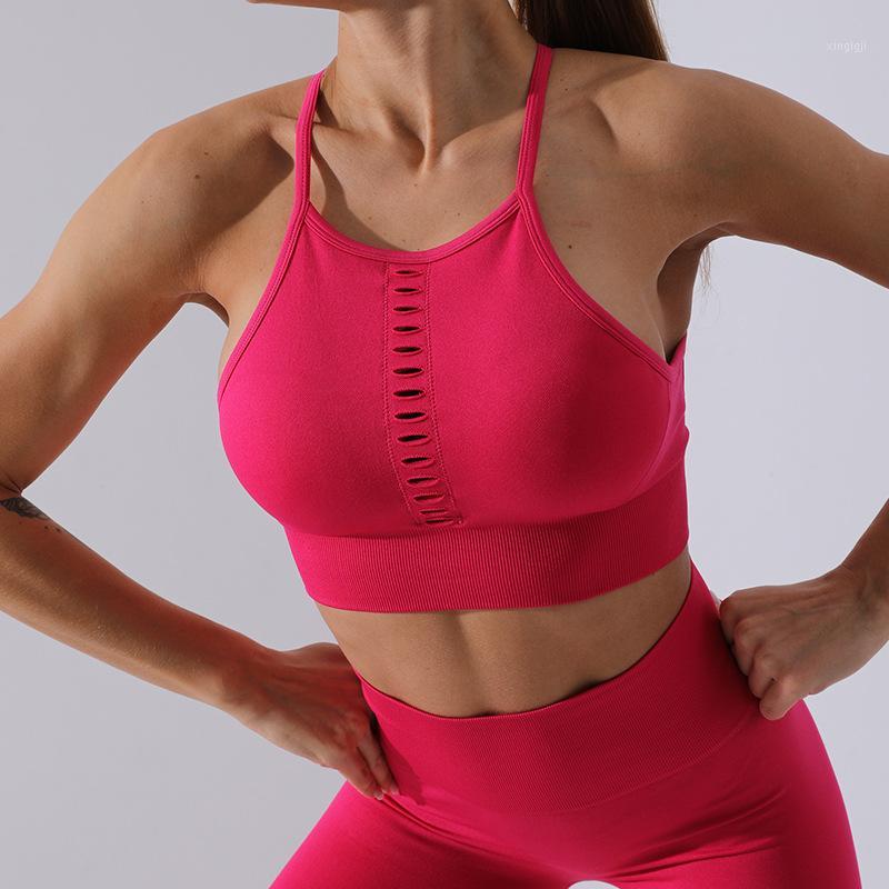 

women red workout Sportswear tops Running shockproof Crop Tops hollow out Push Up padded Yoga Bras fitness Gym1