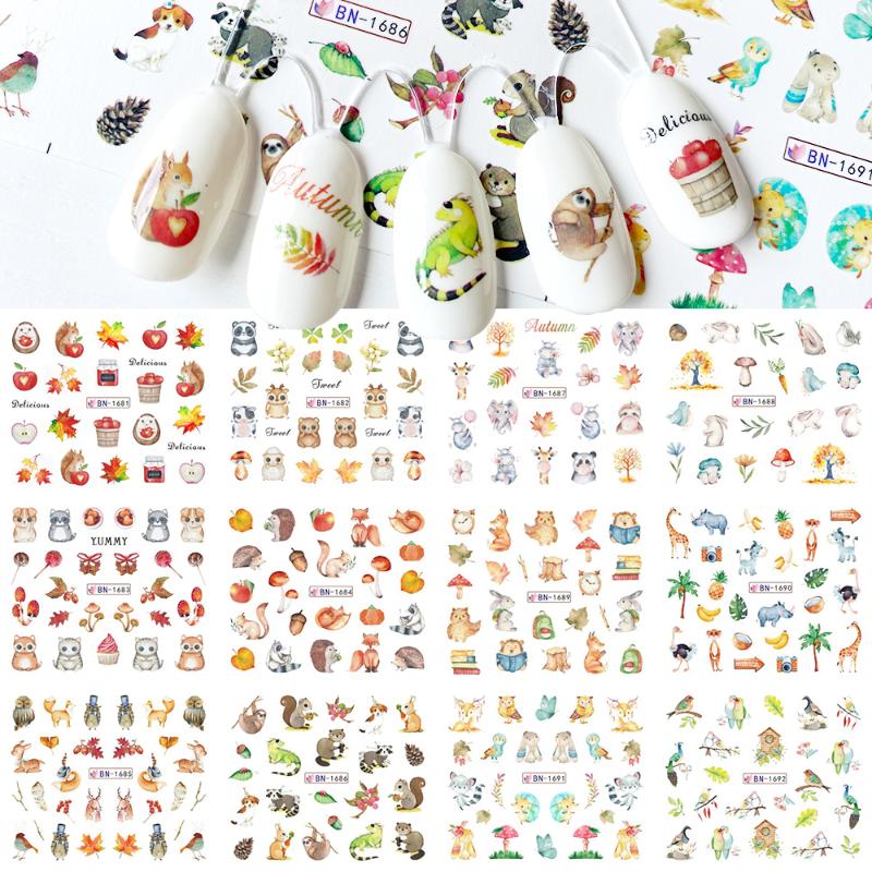

12 Type Autumn Nail Sticker Cute Animals Water Transfer Decals Nail Art Sliders for Manicure Adhesive Tattoos Tips, Bn361-372