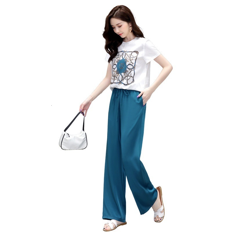 

2021 New Summer Women Sets Fashion Printed Short Sleeve Tops and Wide Leg Pants Two-piece Set Casual Plus Size Female Chiffon Suit Y365 Q037, Blue