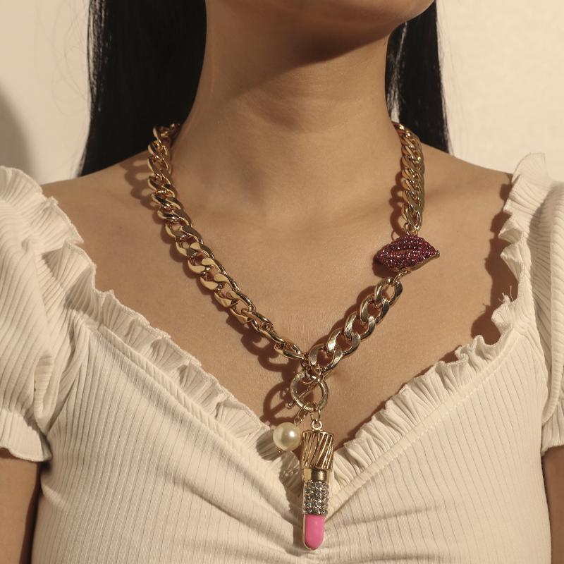 

Bohemian Multi Layered Rhinestone Pendant Red Lipstick lips Choker Necklace Statement Necklace Women Jewelry