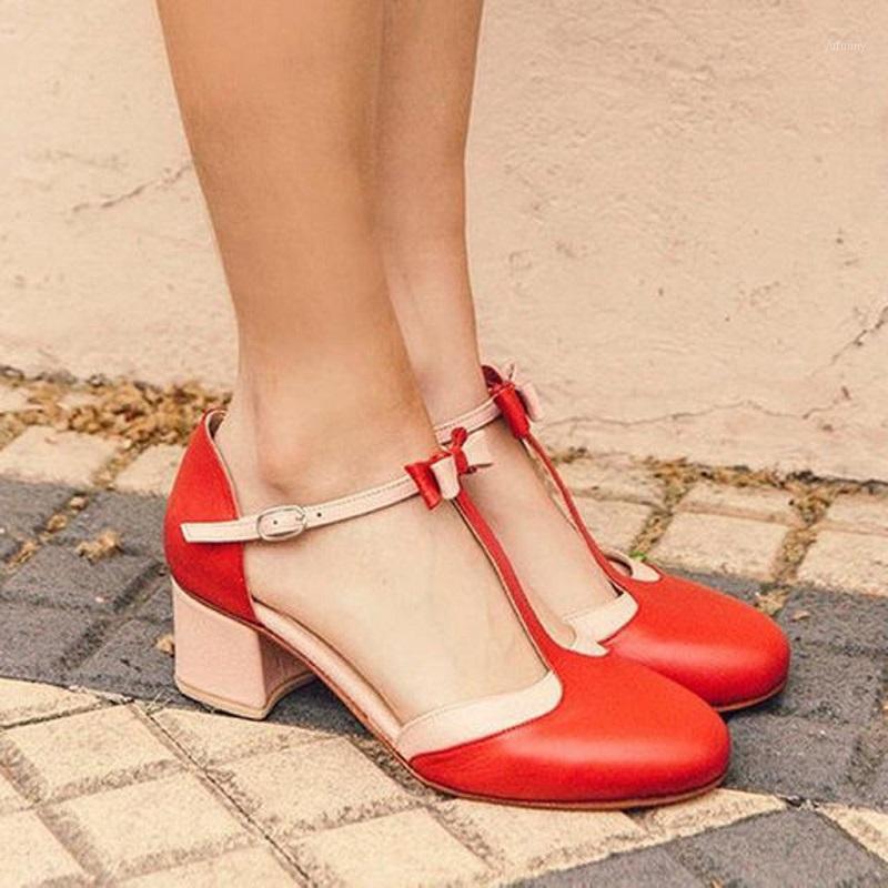 

New Women High Heels Pumps Mary Jane Shoes Summer Bowknot T Strap Closed Toe Ladies Sandals Black Red Zapatos De Mujer1