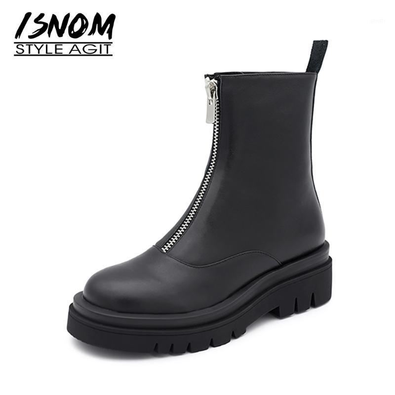 

ISNOM Genuine Leather Ankle Boots Women Front Zipper Wedges Shoes Woman Platform Booties Flat Heel Winter Female Boot Ladies1, White