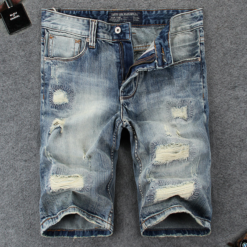 

2021 New Italian Style Fashion Retro Light Blue Destroyed Ripped Denim Shorts Men Patchwork Designer Hip Hop Short Homme Oqlk
