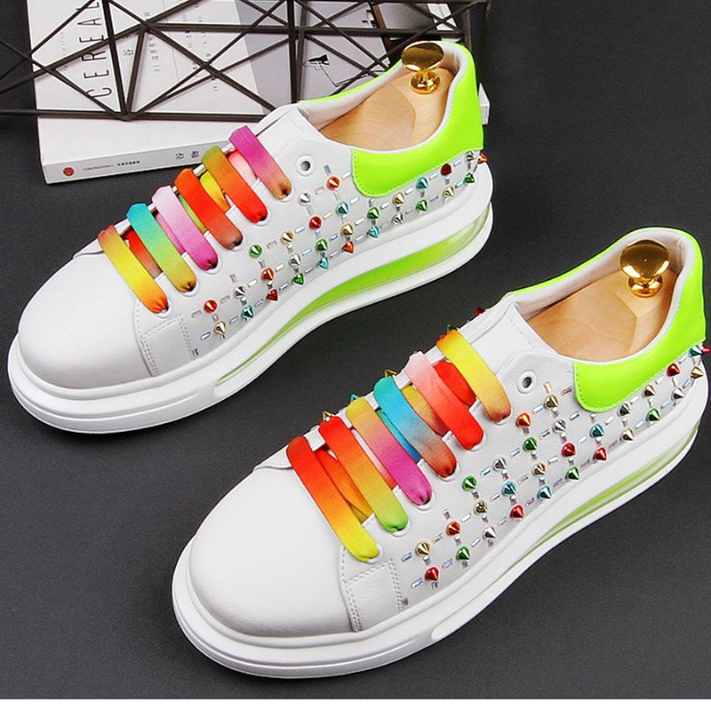 

Casual Punk British Nightclub Male Style Wear Genuine Colored Leather Platform Rivets Shoe Personality White Mans Shoes Ja1d, Picture color