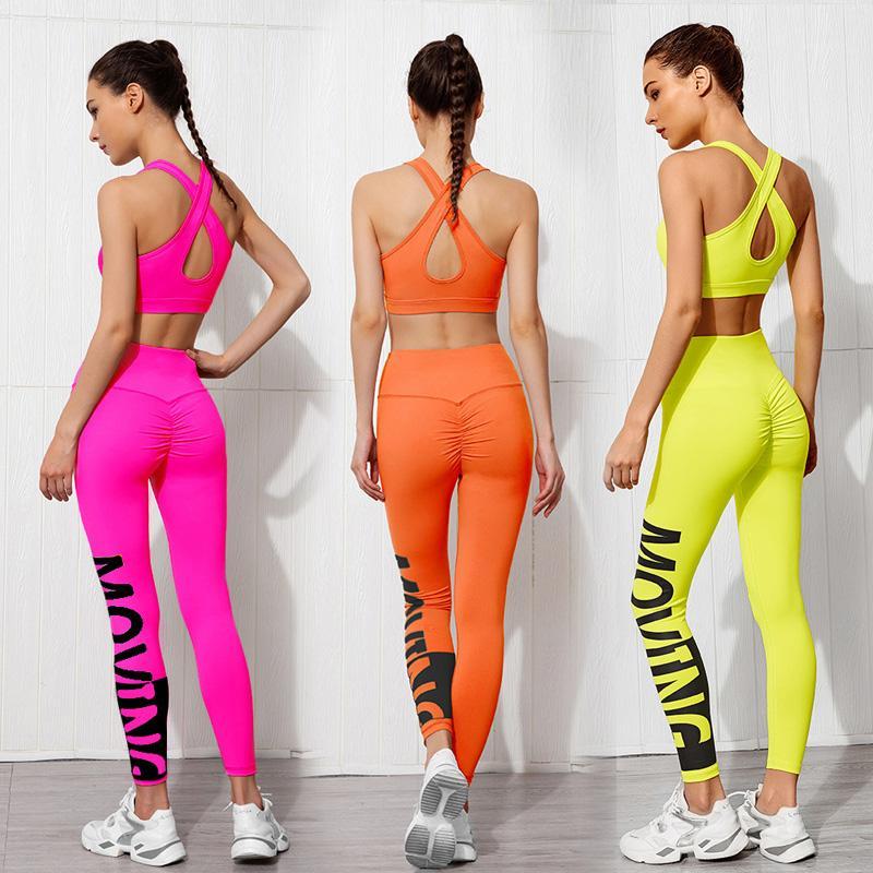 

Seamless Yoga Sets Women Letter Printing Sexy GYM Sports Bra Hip Up Fitness Leggings 2 Piece Set Workout Tracksuit Athletic1, Green