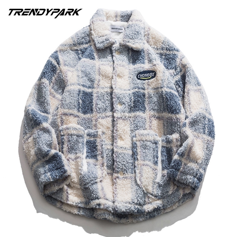 

Mens Winter Padded Coat Plaid Parka Hip Hop Jacket for Men Fleece Flocking Warm Outwear Windbreaker Streetwear Harajuku 201127, Blue