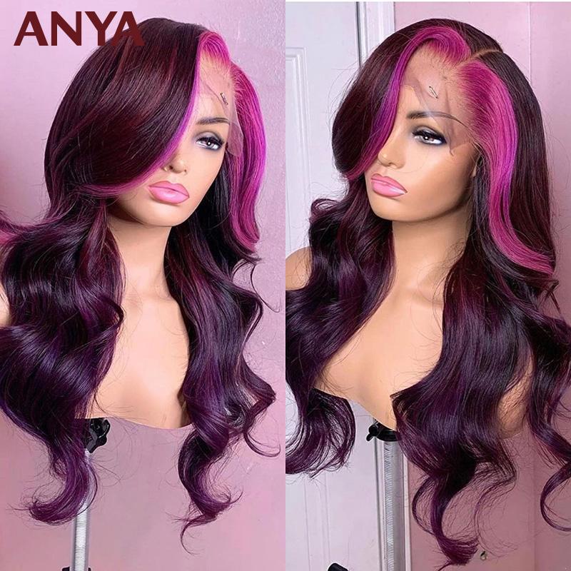 

Anya Pink &Purple Colored Body Wave 13X4 Transparent Lace Front Pre Plucked Wig Peruvian Virgin Human Hair Wigs For Black Women, Black;brown