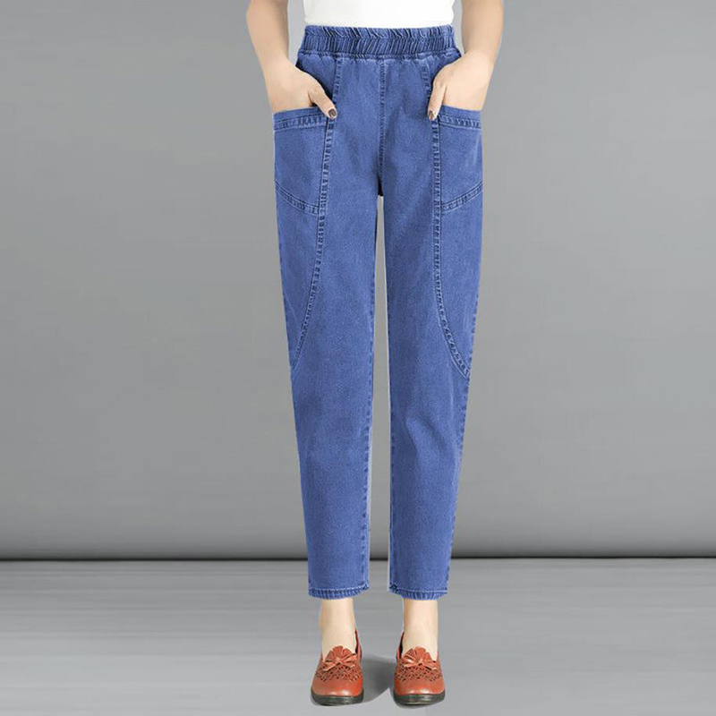 

Casual solid color shreds loose mother elastic high-waisted jeans denihare ankle-length fashion blue pants, Light blue