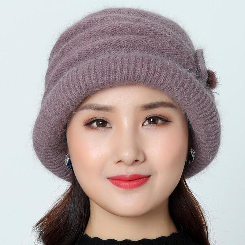 

Women Wool Hat Cap Woolen Beanie Hat Winter Knitted Hats with Flower Pattern Ladies Fashion Warm Women Capot Skullies Cap, Red