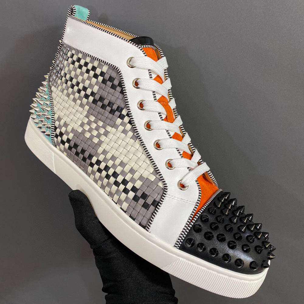 Chaussures de concepteur Appartements Casual Chaussures Beige Weave En Cuir haut Top rouge Fond pour hommes Noir ToeCap Mocassins Snefers Sneaker