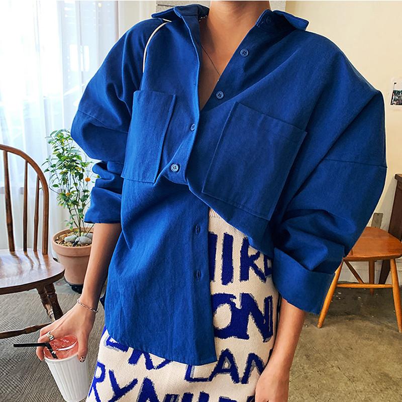 

Women Lady Top Female Streetwear Korean Style Loose Casual Shirts Vintage Blouse Autumn Sleeve Long, Blue