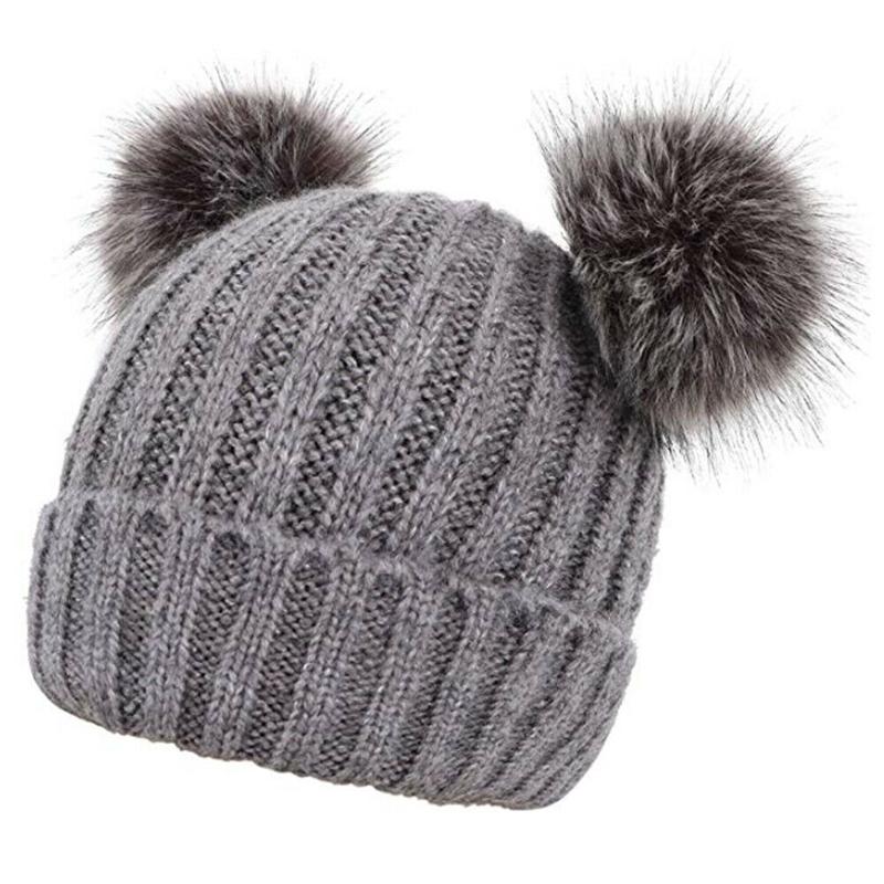 

New Winter Casual Outdoor Women's Warm Chunky Knit With Double Fur Pom Pom Cute Beanie Hats, Gray