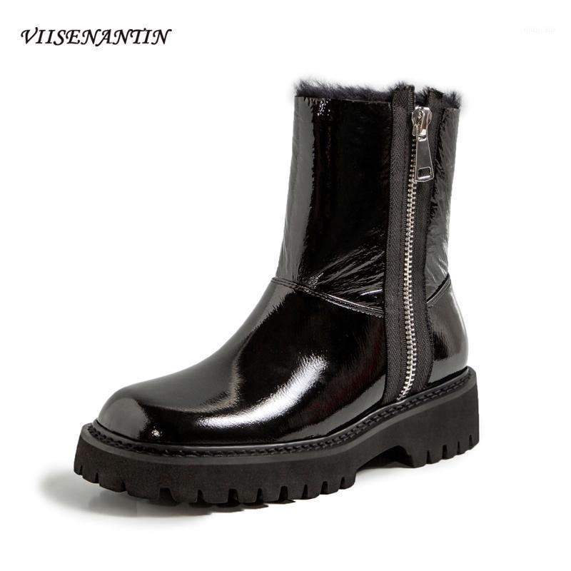 

Cow Patent Leather Side Zipper Ankle Boots Women's Winter Plus Velvet Padded Short Boots Anti-skiing Keep Warm Wool1, Black