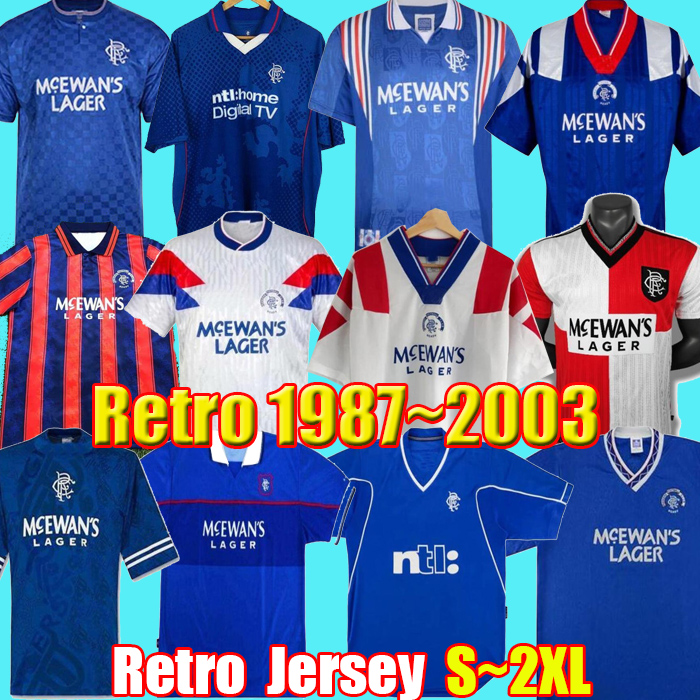 

Retro 87 90 92 94 96 97 99 01 Glasgow Rangers soccer jerseys vintage blue away white GASCOIGNE LAUDRUP MCCOIST football Shirts Uniforms, Black;yellow