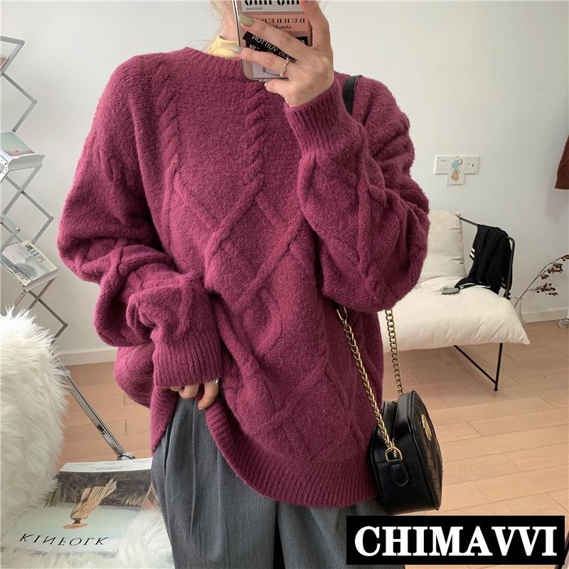 

2021 Autumn New Korean Pure Color Classic Plaid Loose Warm Pullover Knitted Sweater Women Loose Casual Winter Kntiwear, Blue