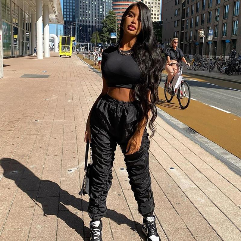 

Shesrim] New Solid Color Black Fold Drawstring Women' Loose Casual Fashion Street Trend Pants
