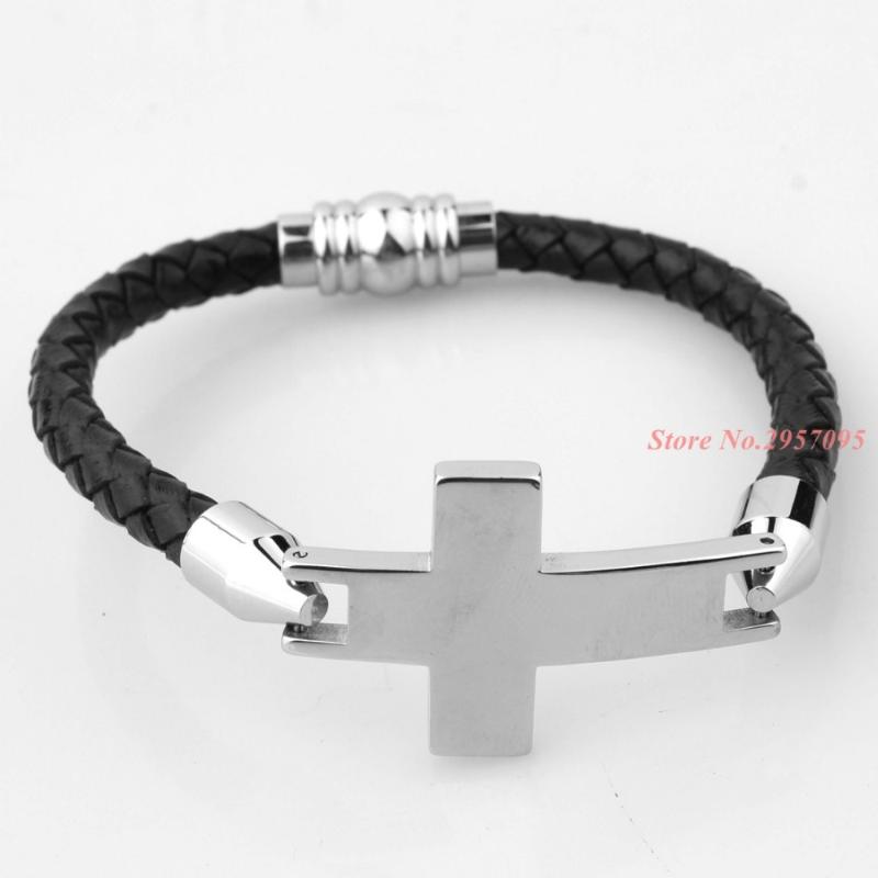

Link, Chain Men Jewelry Black Leather Bracelet Hand Vintage Accessories Cross Design Stainless Steel Clasps Male