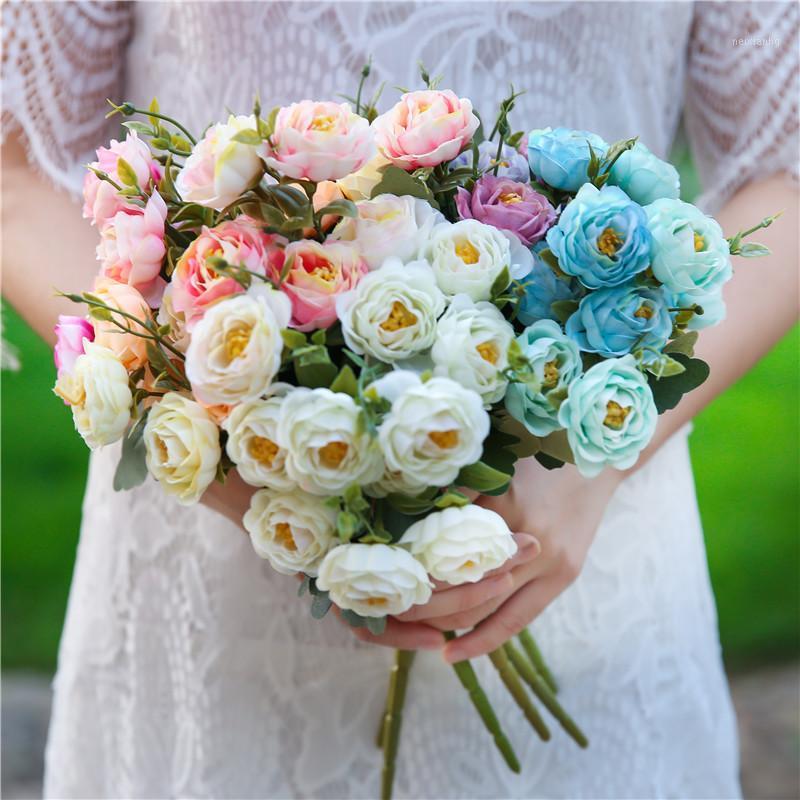 

10Heads Silk Daisy Camellia Artificial Flowers Small Rose Bridal Bouquet Party Decor Faux Fake Flowers Wedding Home Decoration1, White