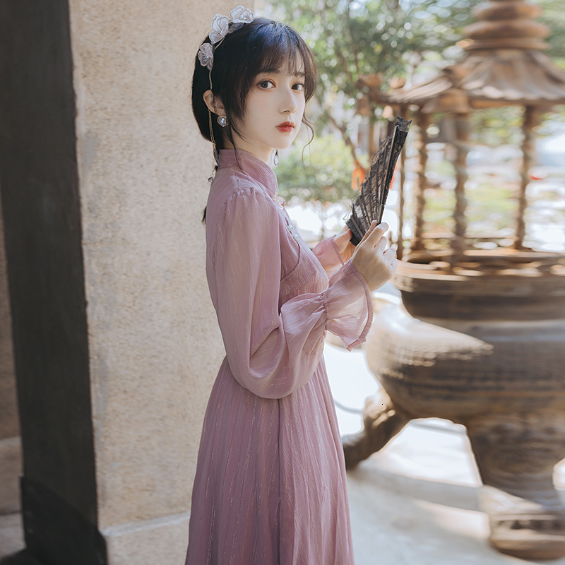 

2021 Elegant Long Chiffon Woman's Mid-calf Calf's Collar Full Purple Sleeve Party Female Up Spring Summer Dress By2o, Red