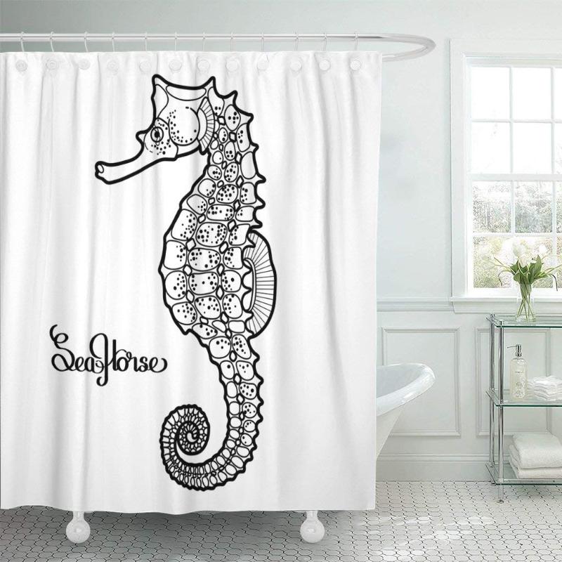 

Graphic Seahorse Drawn in Line Ocean Creature Shower Curtain Waterproof Polyester Fabric 72 x 78 Inches Set