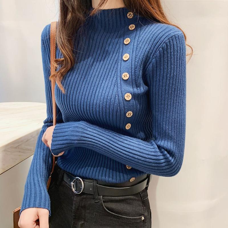 

Pullover Button Half High Neck Sweater For Women Fall / Winter 2021 New Slim Long Sleeve Bottoming Casual Wn*, Black