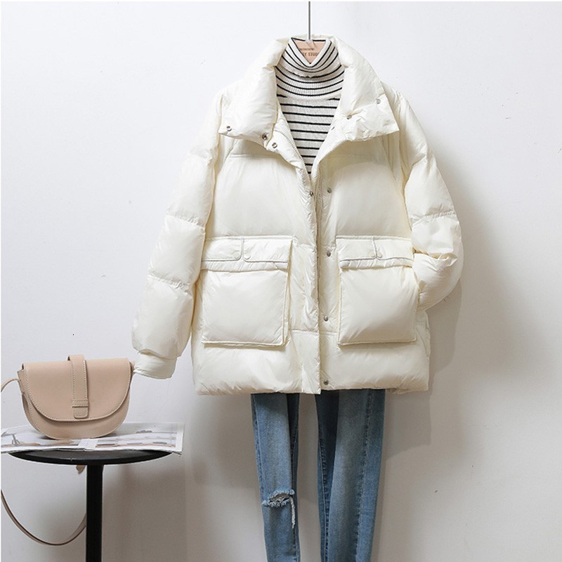 

2021 New Winter Women Collar Jacket 90% White Down Black Short Large Pocket Hot Snow Outwear 2XKQ, Beige