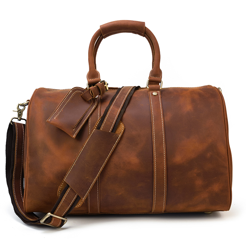 

Genuine handbag for women 17-inch crazy horse bags vintage travel weekend leather bag, Light brown.
