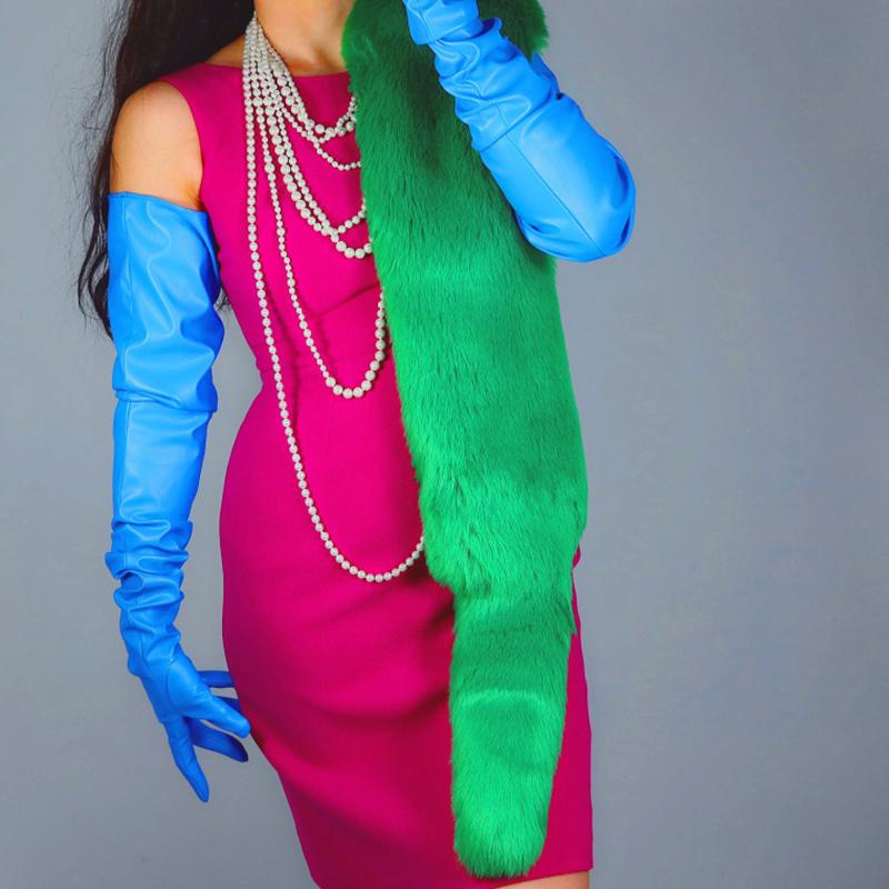 

Five Fingers Gloves 2021 PU Female 90cm Big Sleeve Faux Leather Amulation Sheepskin Classic Blue Women Long WPU304