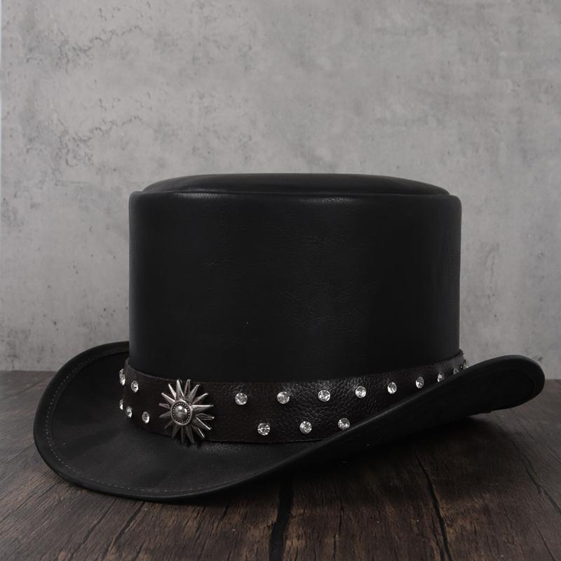 

Women Men Leather Top Hat President Traditional Fedoras Hat Magician Steampunk Cosplay Party Caps Dropshiping 3Size 13CM Top, Black