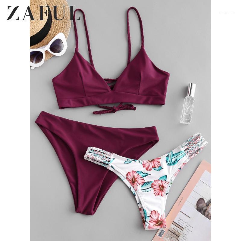 

ZAFUL Sexy Plum Pie Flower Braided Lattice Three Pieces Bikini Swimsuit For Women Wire Free Spaghetti Straps Padded Swimwear1