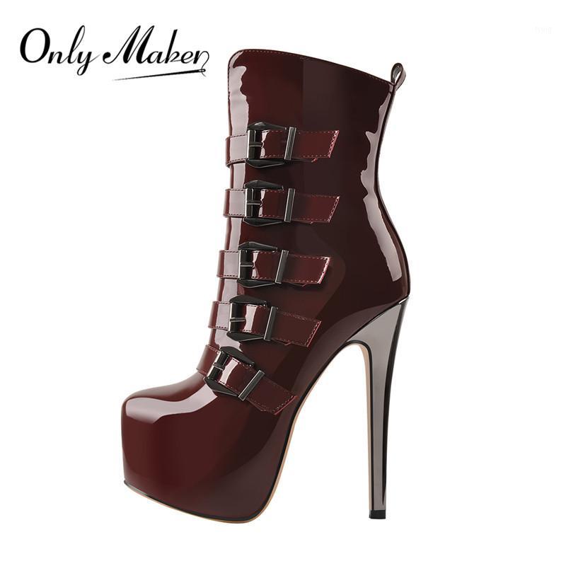 

Onlymaker Women's Round Toe Wine red Platform Side Zipper thin Heel Thick Heel Short Boots Fashion Lady Booties Big Size1, Kx200803a