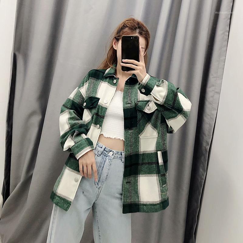 

Women Plaid Jackets Coat Elegant Ladies Turn Down Collar Wool Blend Coats Long Sleeve Autumn Winter Warm Jackets Female Outwear1, Green