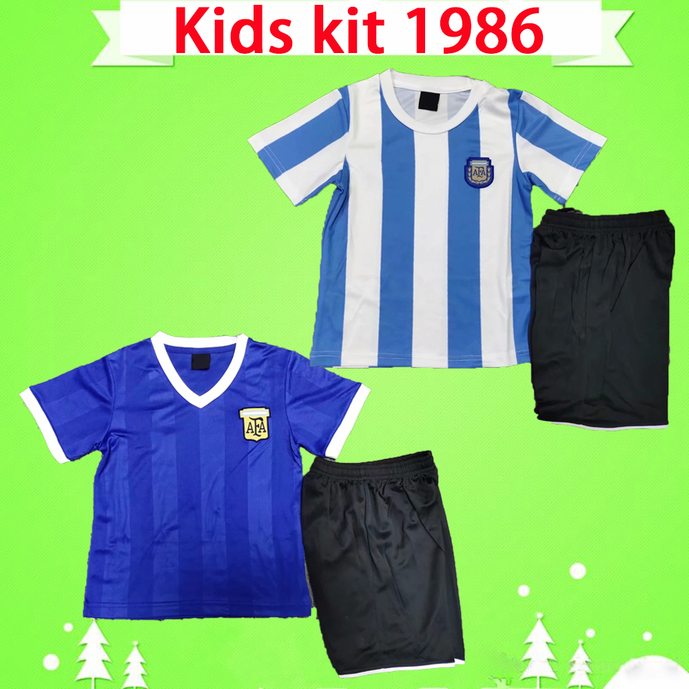 

Kids kit Maradona Argentina Retro soccer jerseys 1986 Vintage classic child sets Football Shirts home blue white 86 boys suits, 1986 kids kit