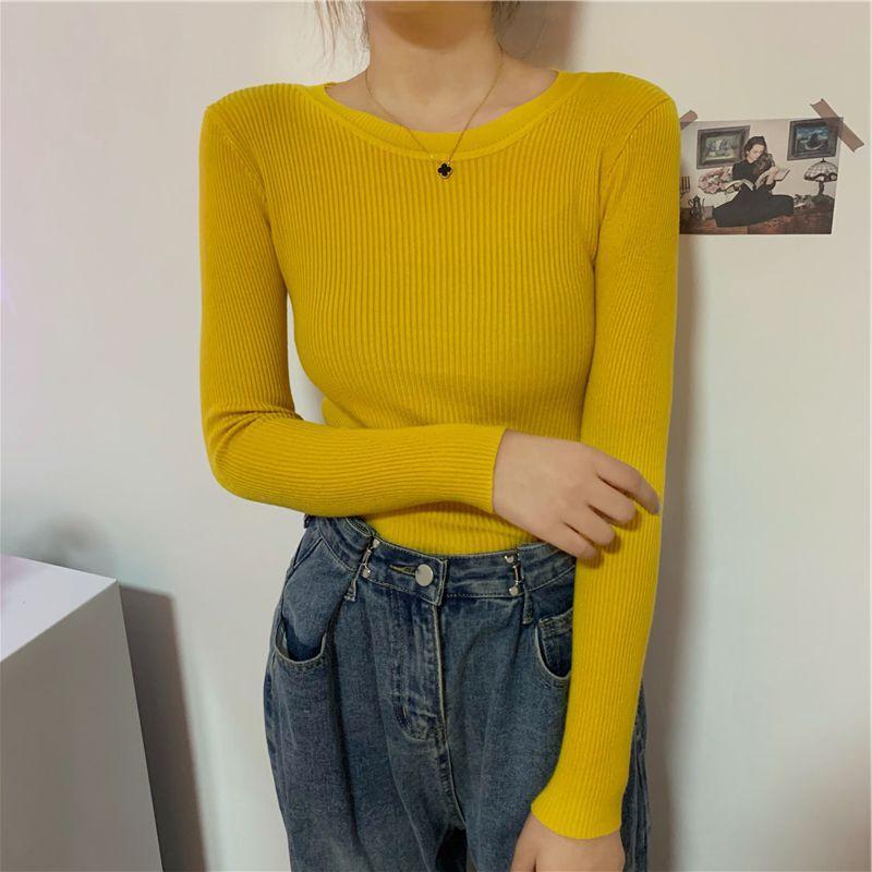 

Autumn 2020 New Korean Women's Fashion Elastic Slim Sweaters O-Neck Pullovers Woman Long Sleeve Knitted Basic Bottoming Tops, Black