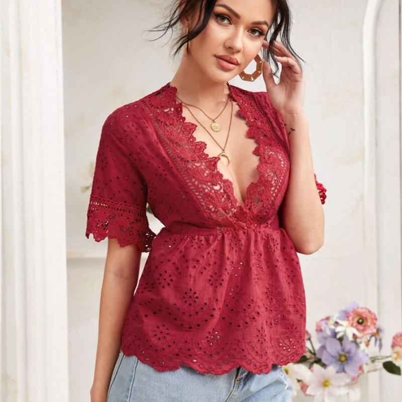 

2021 fashion summer short sleeve red pink sexy blouse v neck baby doll shirt Lace embroidery ruffle boho tops for women c46