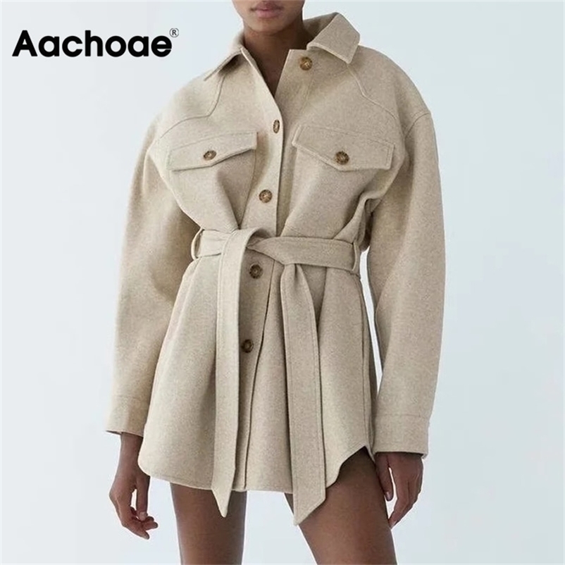 Aachoae Autumn Winter Women Chic Wool Coats With Belt Solid Long Sleeve Pockets Outerwear Turn Down Collar Elegant Coat 201218Z