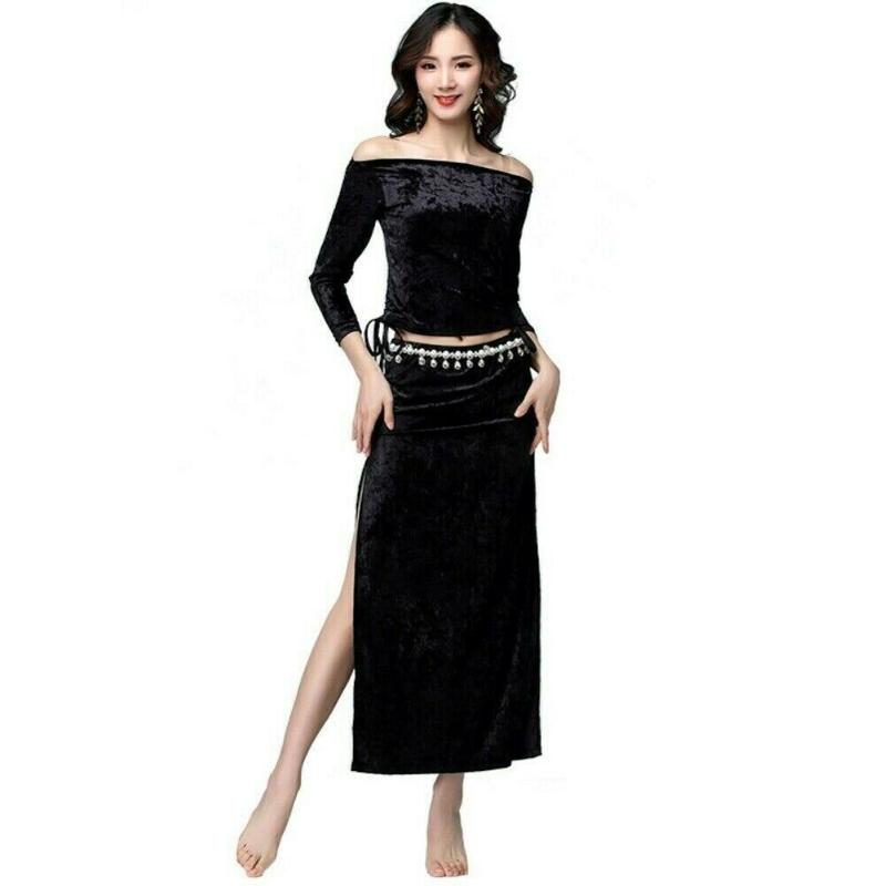 

Women Belly Dance Costumes Set Velvet Dancewear Slit Skirt Long Sleeve Top Velvet Multicolor Dancewear 934-213, Black