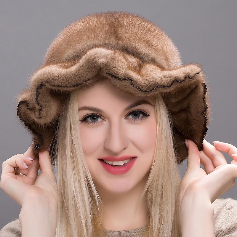

Luxurious New Hat Women Whole Mink Ear Protection Cap Adjustable Coffee Winter Windproof Warm Keeping Female Fedoras
