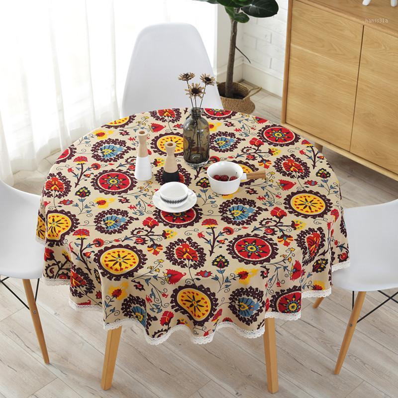 

Bohemian Lace Tablecloth National Wind Round Cotton Printed Hotel Decorative Table Cloth Sunflower Decor Table Cloth Covers Lace1, As pic