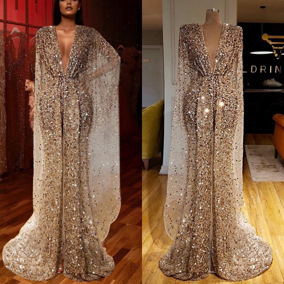 

2020 Sparkly Sequins Mermaid Prom Reflective Dresses Couture V Neck High Split Chic Evening Dress Turkey Arabic Shiny Pageant Evening Gowns, Black