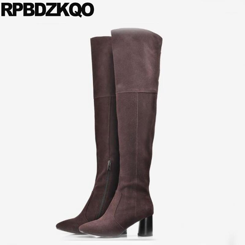 

over the knee shoes suede slim thigh women boots fur high heel sexy long chunky block winter pointed toe european tall1, Black