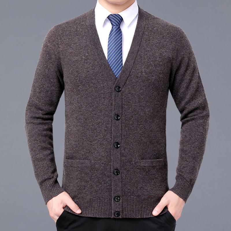 

2020 New Arrival High Quality 100% Cashmere Thickened Warm Sweater Casual Winter Knitted V-neck Father' Pure Wool Cardigan, Khaki