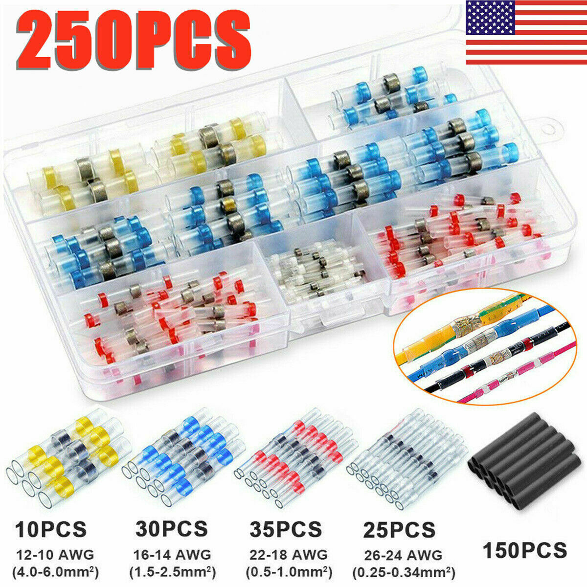 

250pcs Solder Sleeve Heat Shrink Wire Butt Splice Connector Waterproof Terminals