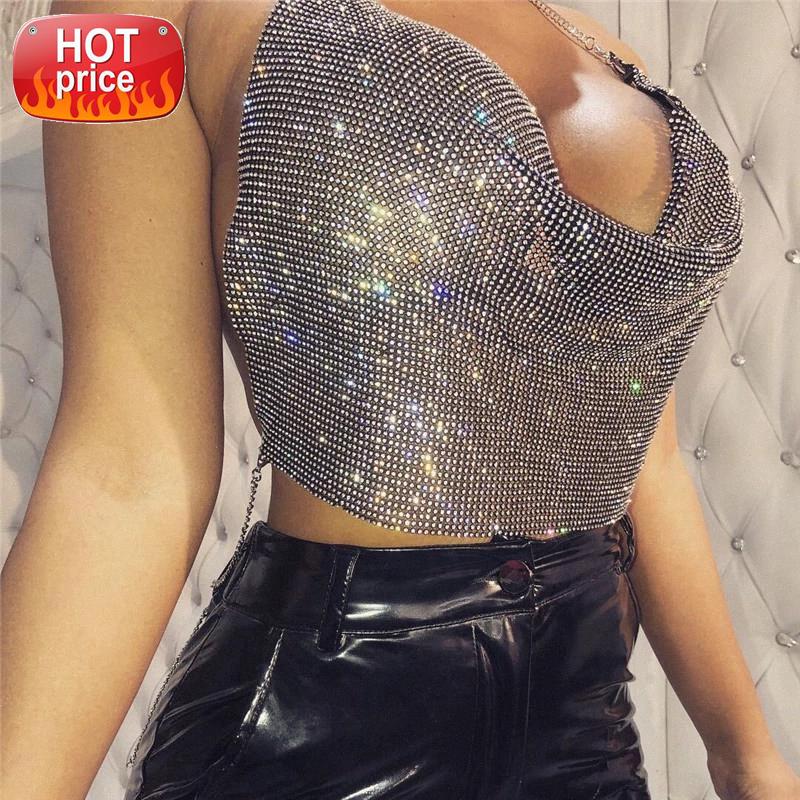

AKYZO 2018 Sexy Halter Rhinestone Tank Tops Women Fashion Backless Summer Festival Nightclub Wear Cropped Top #6W5x, White
