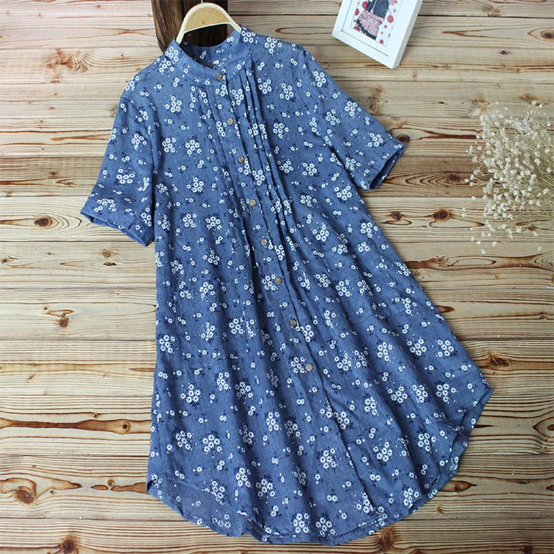 

Spring Summer Short Sleeve Blouse Women Vintage Floral Print Single Breasted Shirt Blouse Cotton Linen Womens Tops and, Sky blue