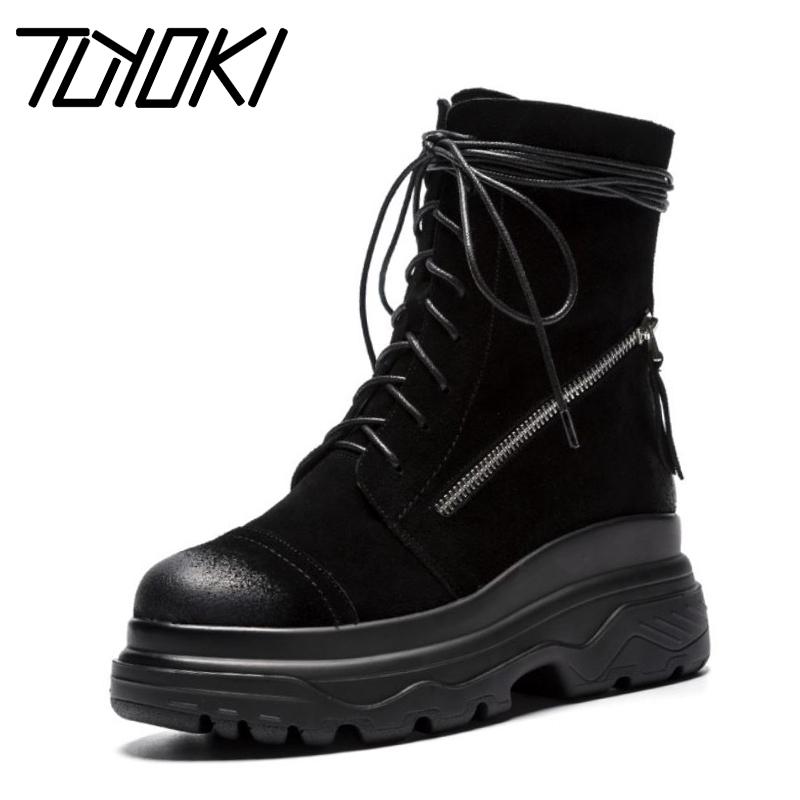 

Tuyoki Ladies Side Zipper Fashion Genuine Leather Ankle Boots Cross Strap Motorcycle Boots Short Knight Size 34-39, Black